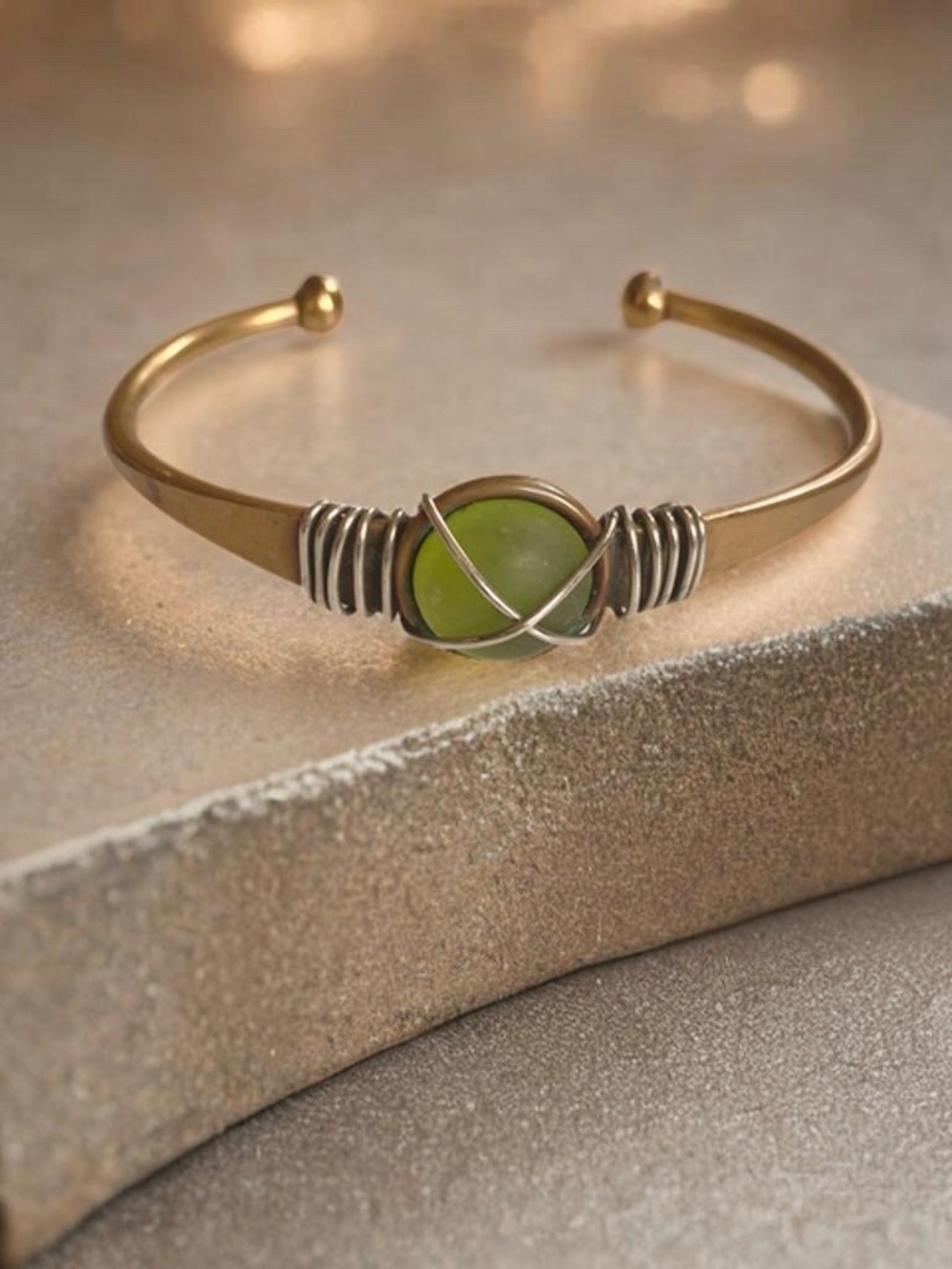 Handcrafted Brass Cuff Bracelet with Olive Green Sea Glass Centerpiece.